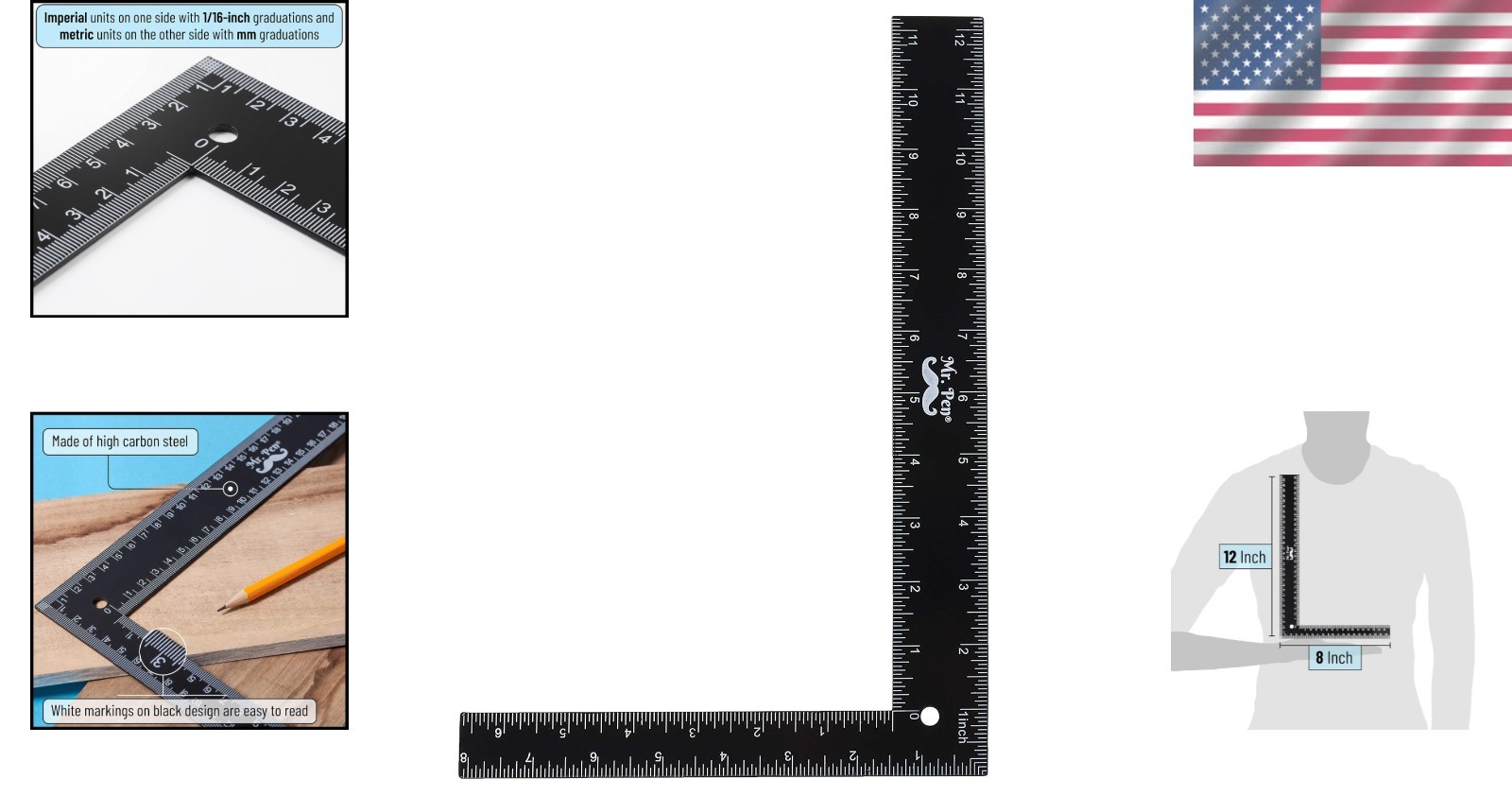 All-Purpose Black Carpenter Square: 8 x 12 Inch Ruler for DIY & Professional Use