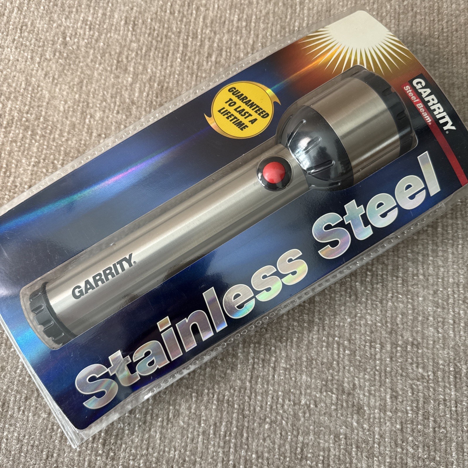 NOS VTG GARRITY STAINLESS STEEL XENON LIGHT BULB FLASHLIGHT + PUSH BUTTON SWITCH