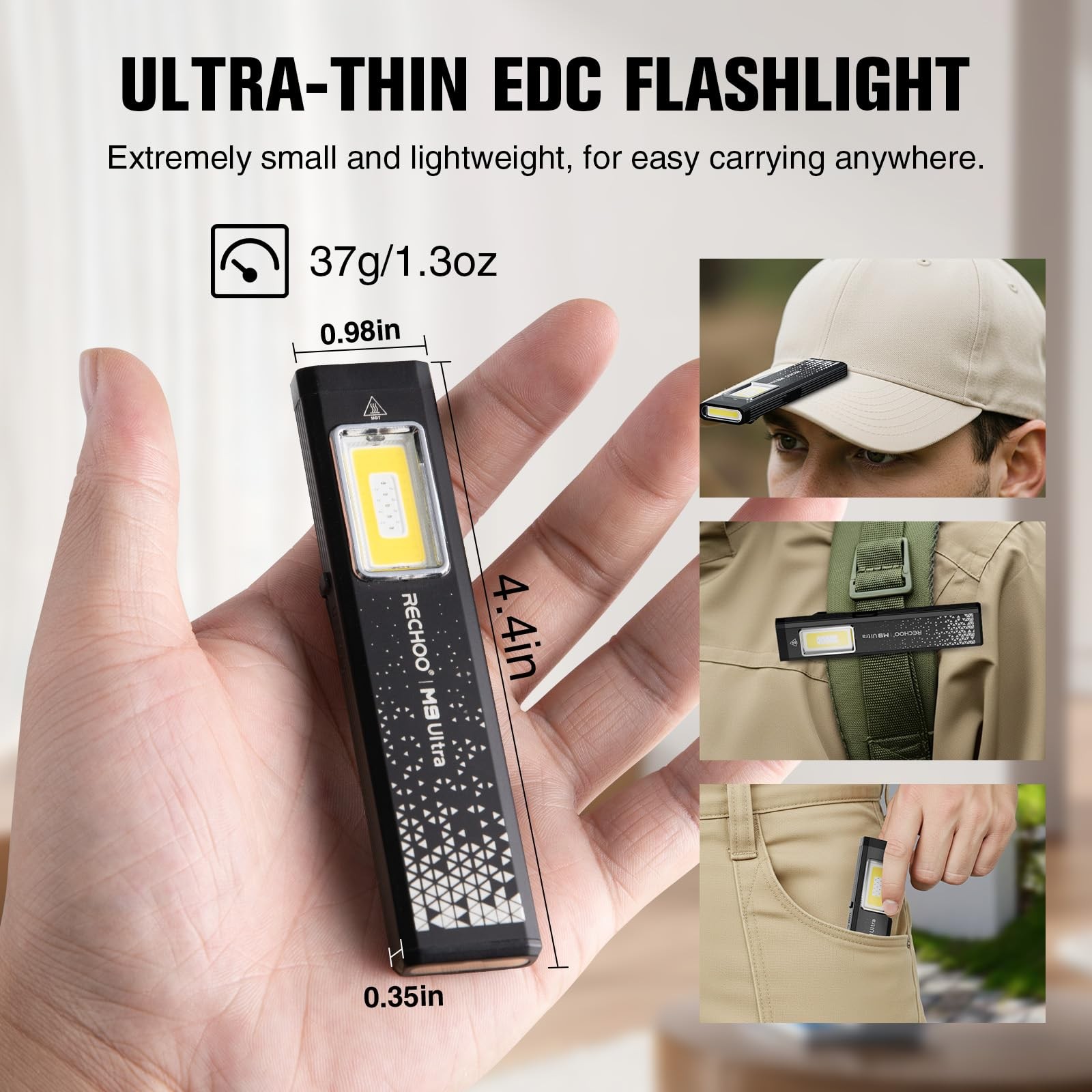RECHOO Flat EDC Flashlight Rechargeable, 8-Mode Slim Pocket 2 Pack, Black