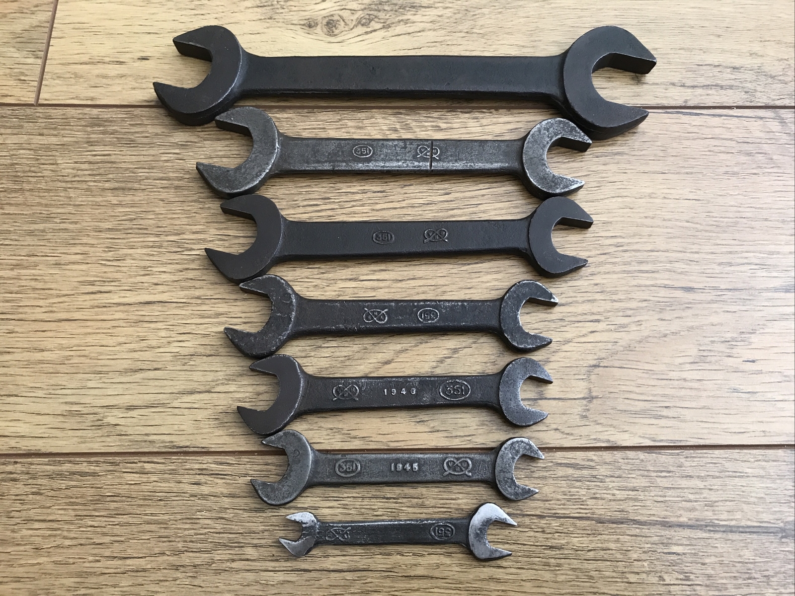 7 Vintage 1945 Utility 3/4” to 1/8″Whitworth Open Ended Spanners.