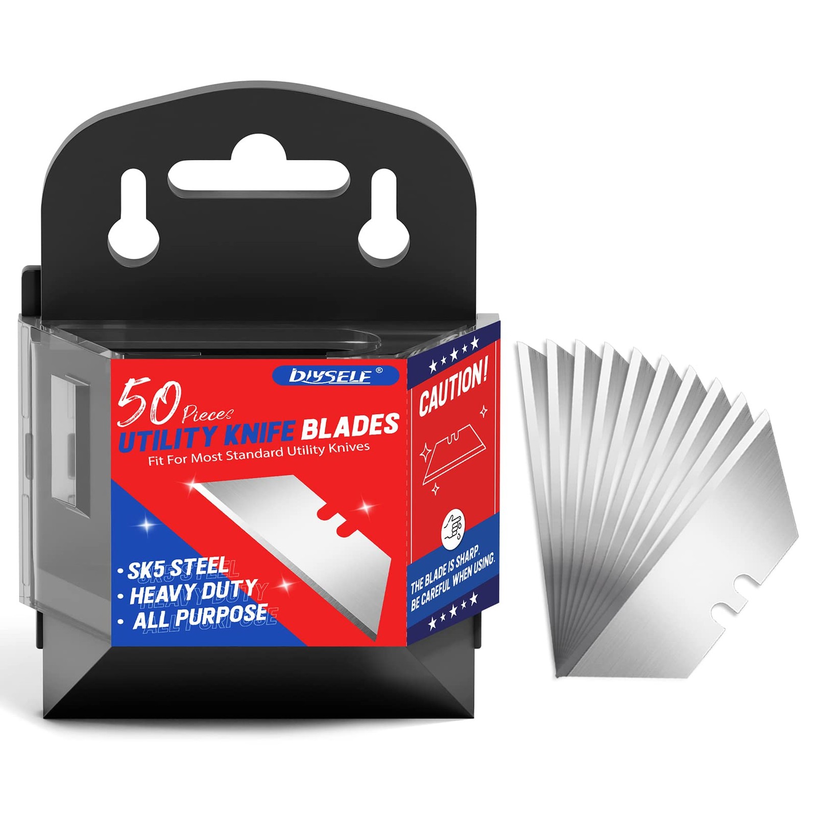 DIYSELF 50 Pack Utility Knife Blades, SK5 Steel Box Cutter Blades with Dispenser