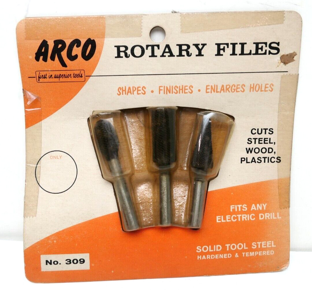 RARE Vtg ARCO 3pk Rotary Files for Electric Drills No.309 Shapes Finish Enlarges