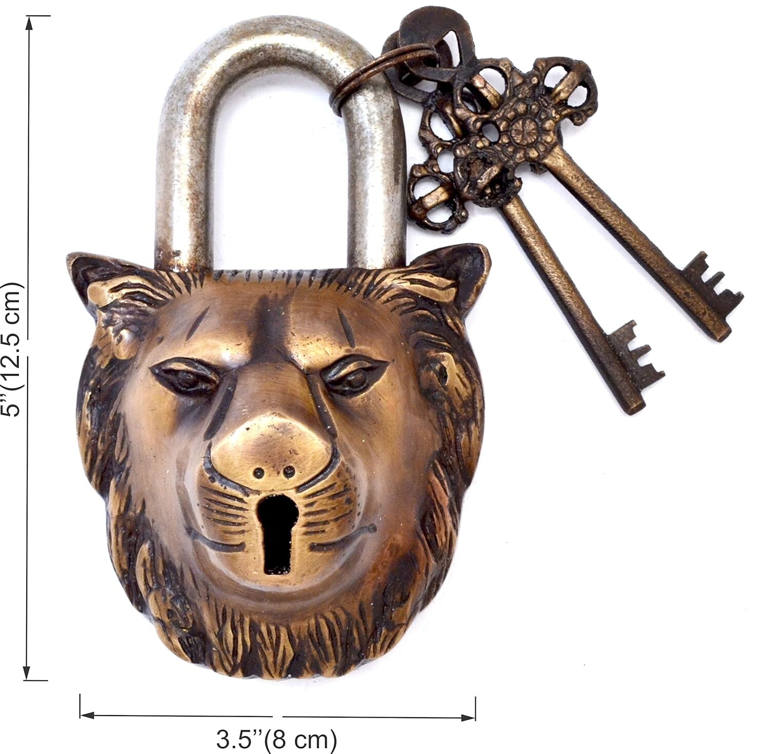 Antique Look Lion Design Functional Brass Padlock with 2 Keys