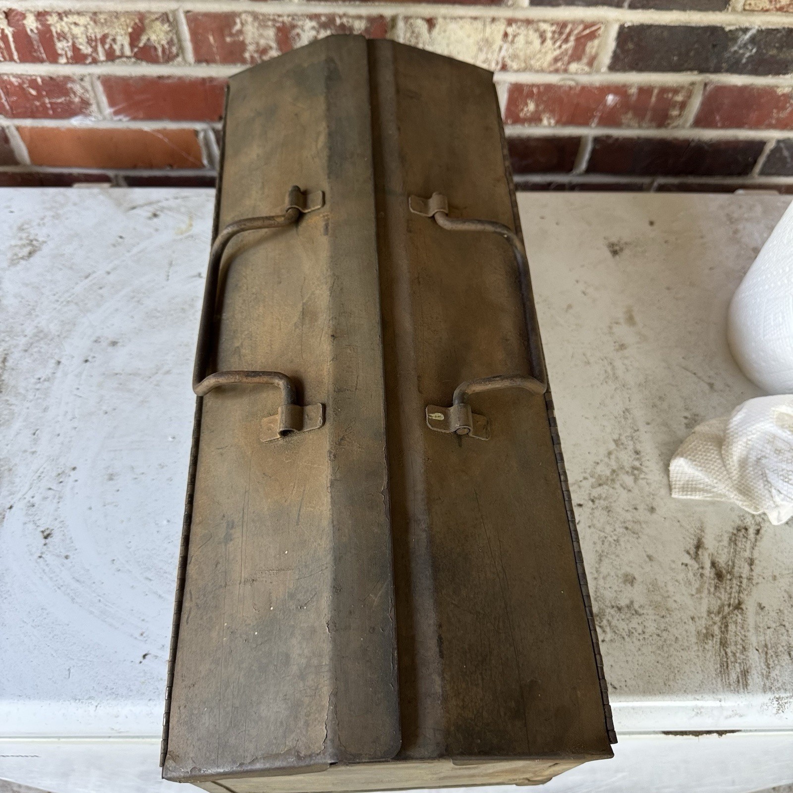 Vintage Metal Tool Box Hip Roof Heavy Duty Steel Utility Tote Case Patina