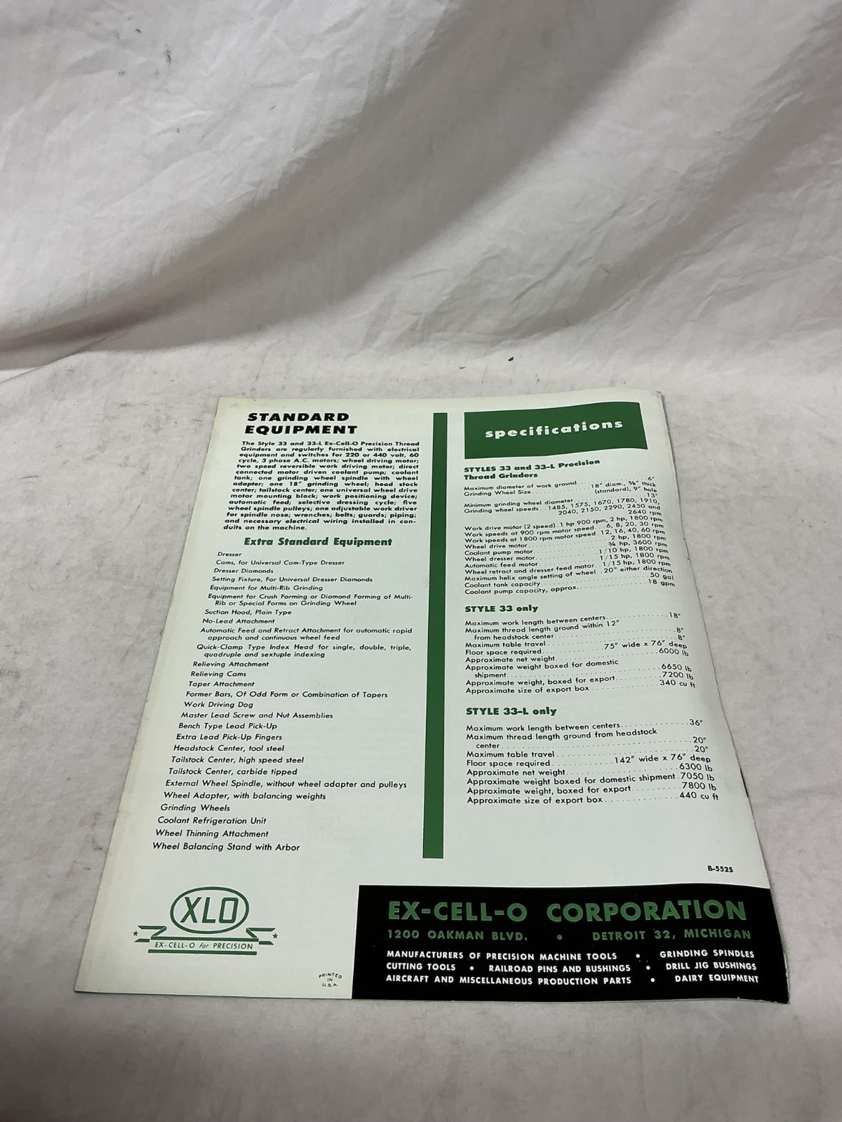 1964 Ex-Cell-O XLO Precision Thread Grinder Style 33 & 33-L Bulletin 481051