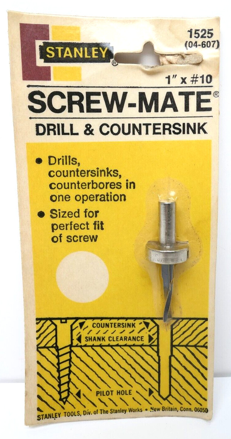 RARE Vtg Stanley Screw-Mate Drill & Countersink 1525 #04-607 1″ x #10 USA NOS