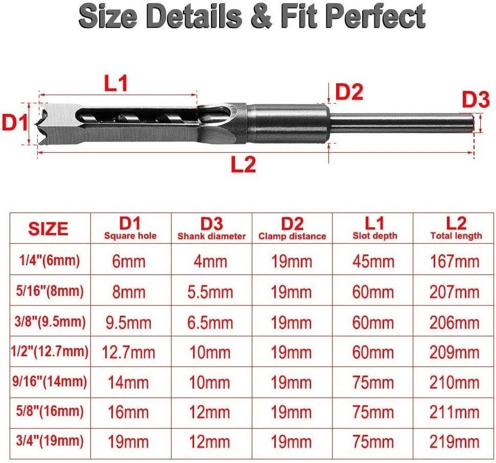 Professional Wood Square Hole Drill Bits 6pc HSS Mortising Chisel Set 1/4-5/8