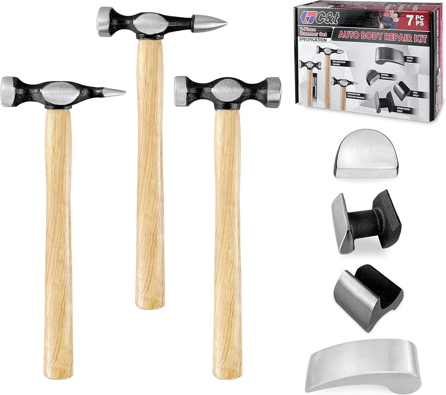 7 Pc Auto Body Fender Repair Tool Hammer & Dolly Set Auto Body Repair Tool Kit