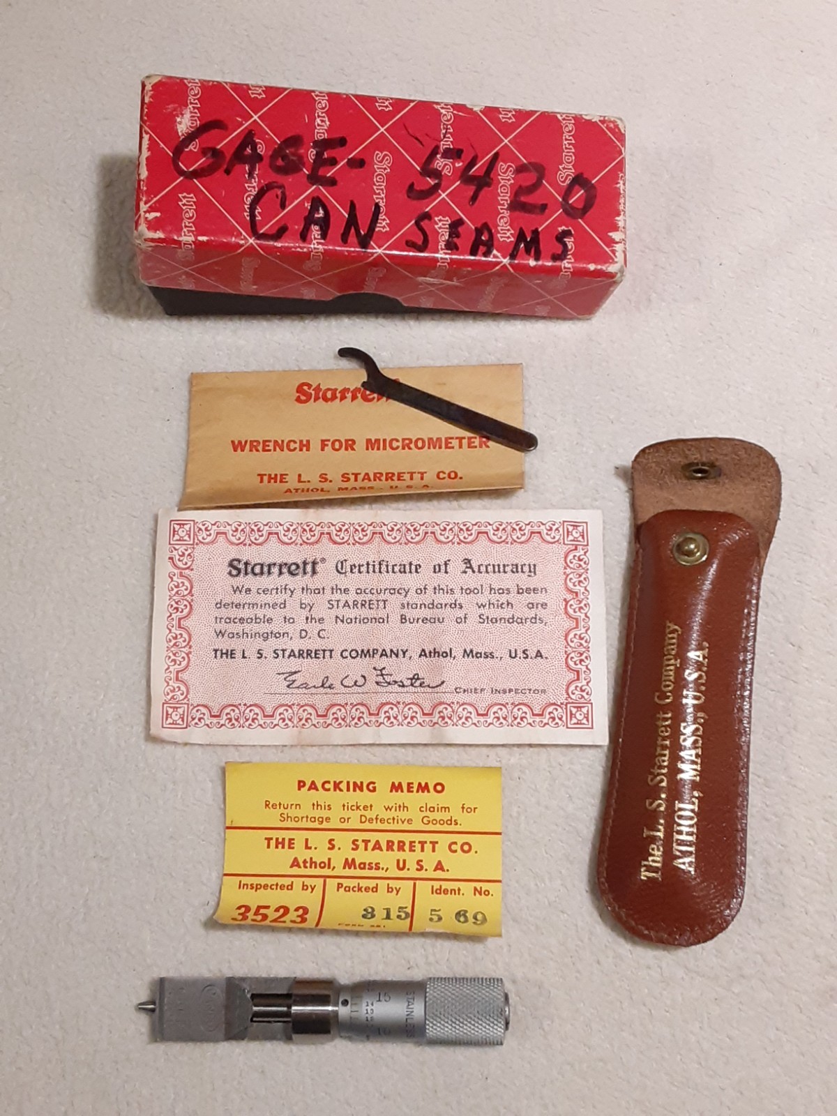 Starrett 5420 CANCO Seam .200 Micrometer Depth Gauge W Sheath box & Paperwork