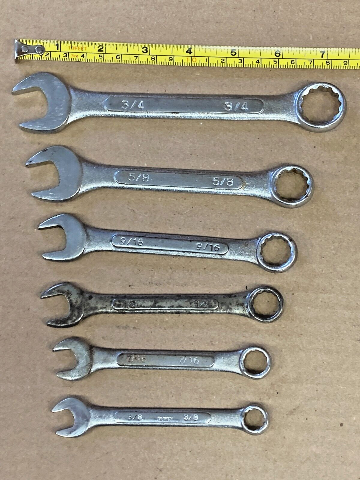 6 Unbranded Combination Wrenches ~ 3/4″ 5/8″ 9/16″ 1/2″ 7/16″ 3/8″