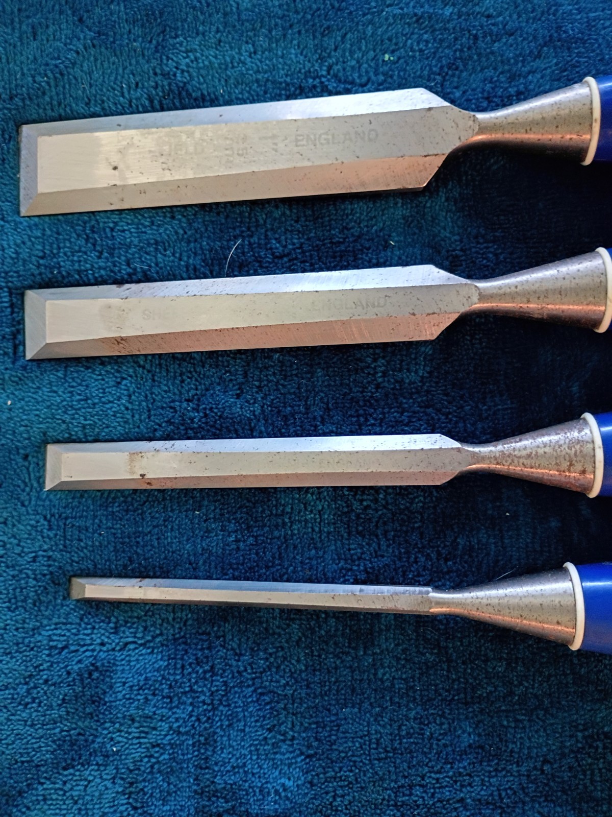 Set of 4 Marples Blue Chip Wood Chisels -1 “, 3/4” 1/2”, 1/4” Made in England