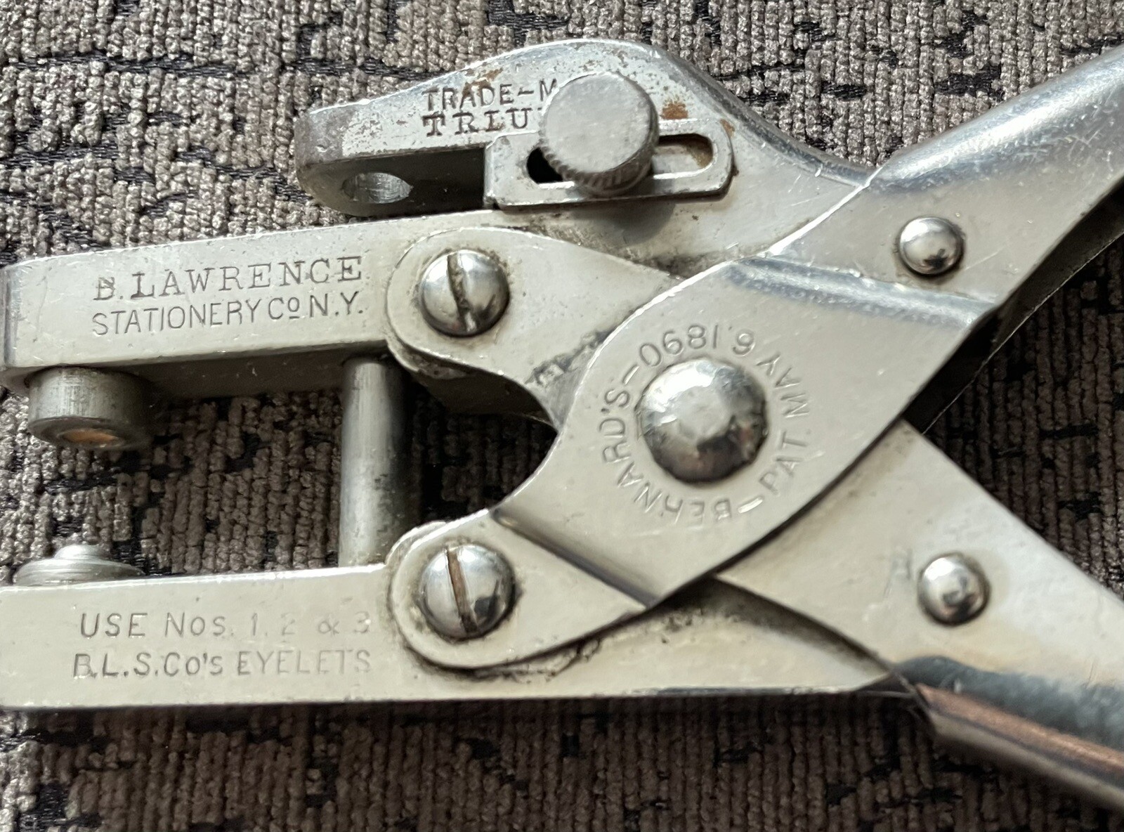 B.Lawrence Stationery Co Trademark Triumph #1 2 & 3 Hole Eyelet Punch ~ May 1890