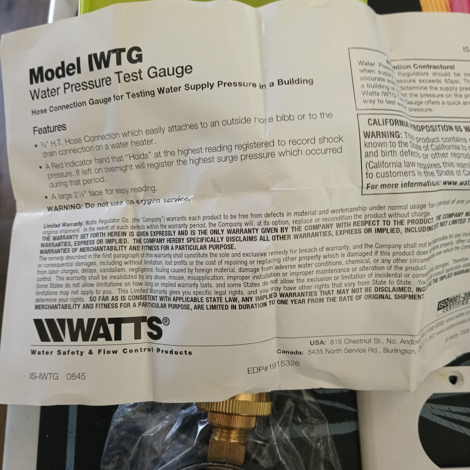Watts Regulator Water Pressure Test Gauge 3/4 I’m