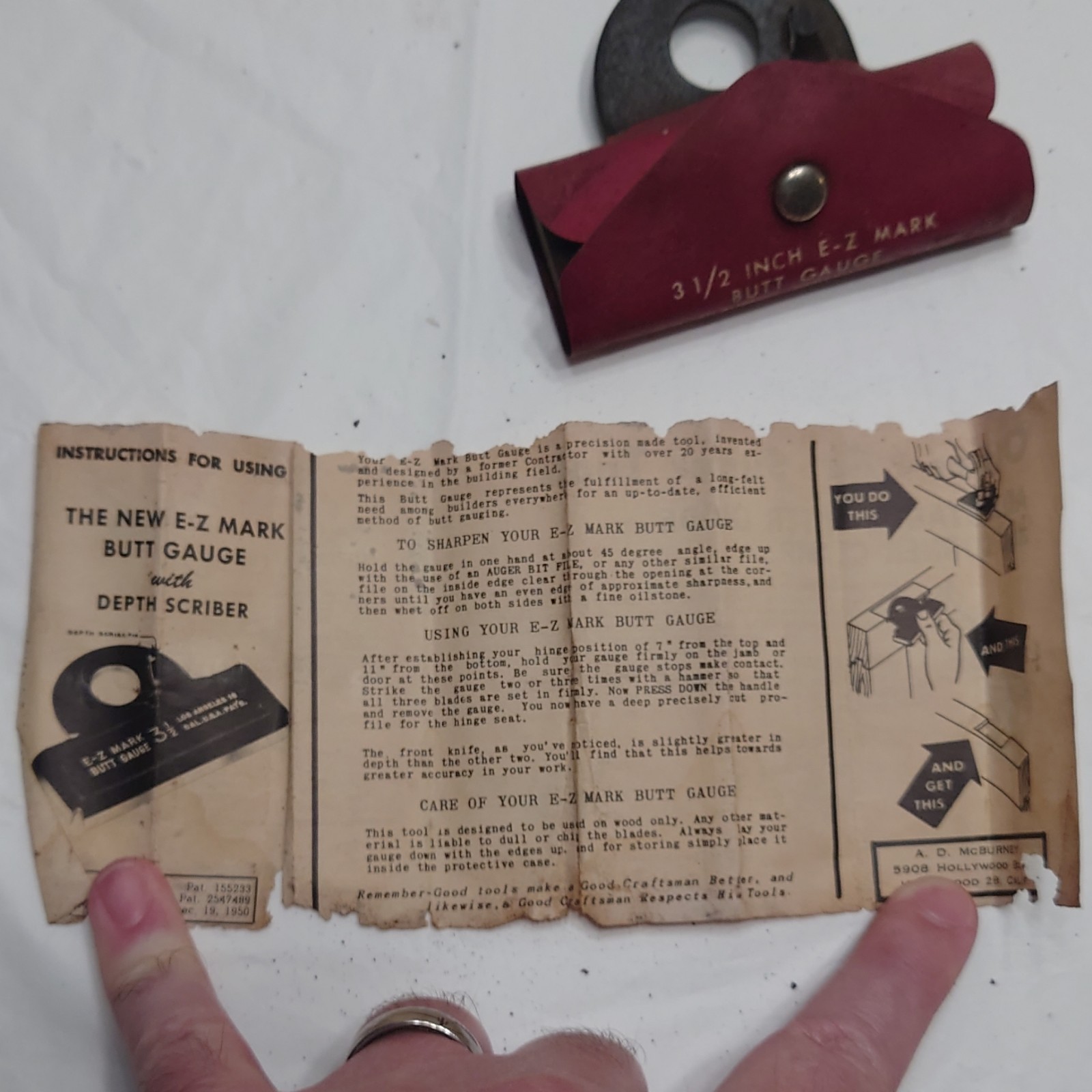 E-Z Mark 3 1/2 Butt Gauge McBurney Hollywood USA w/ Instructions Door Hinge Tool