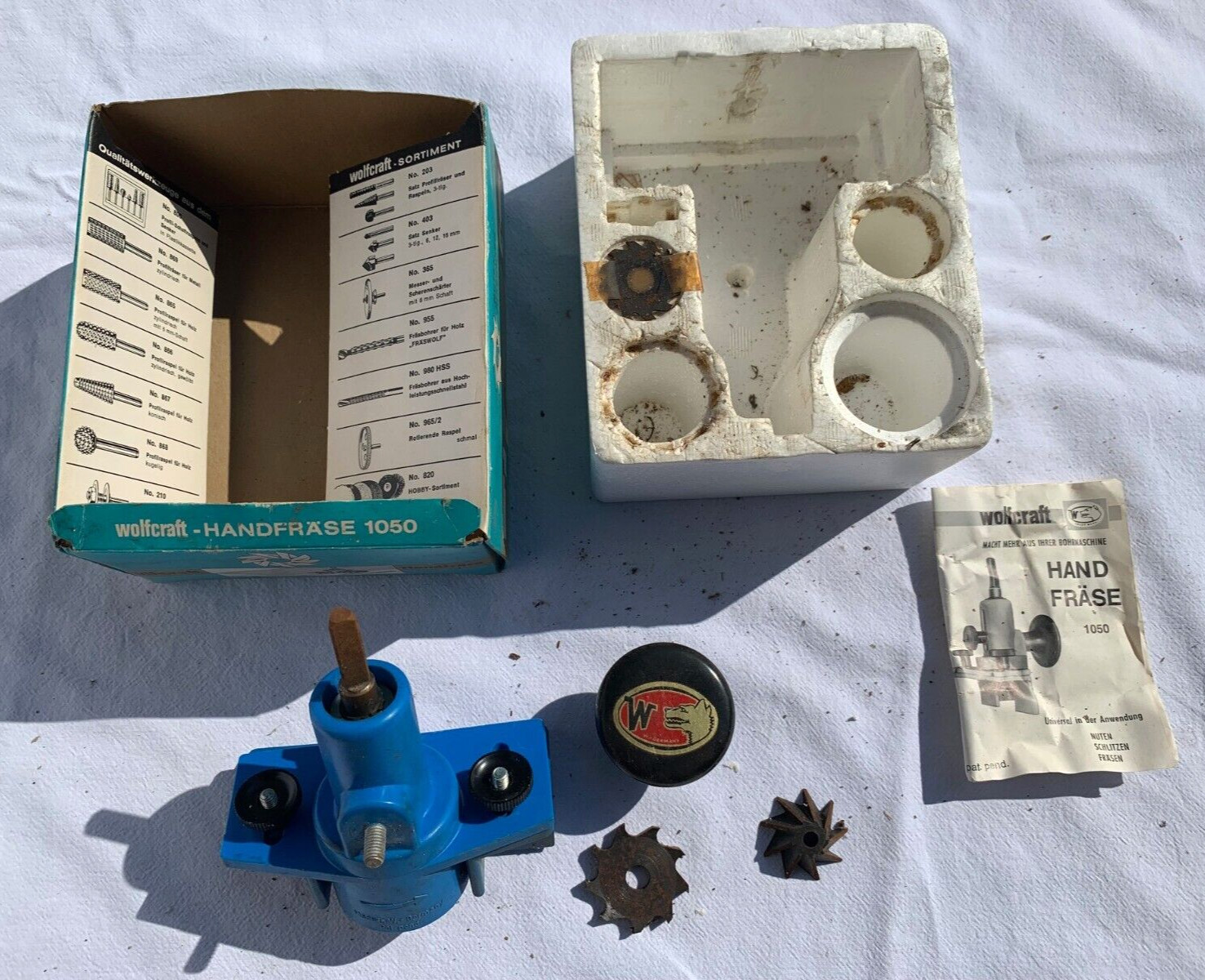WOLFCRAFT HANDFRASE 1050 Hand Mill BOXED 1960’s Drill Attachment Tool & CUTTERS