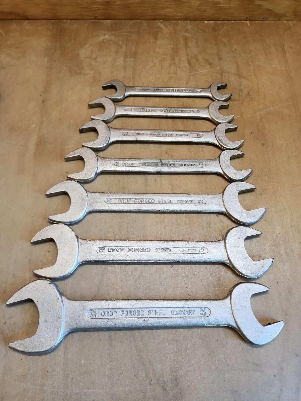 7 Vintage Drop Forged Steel Open End Wrenches 16mm – 32mm Made Germany *No Rack