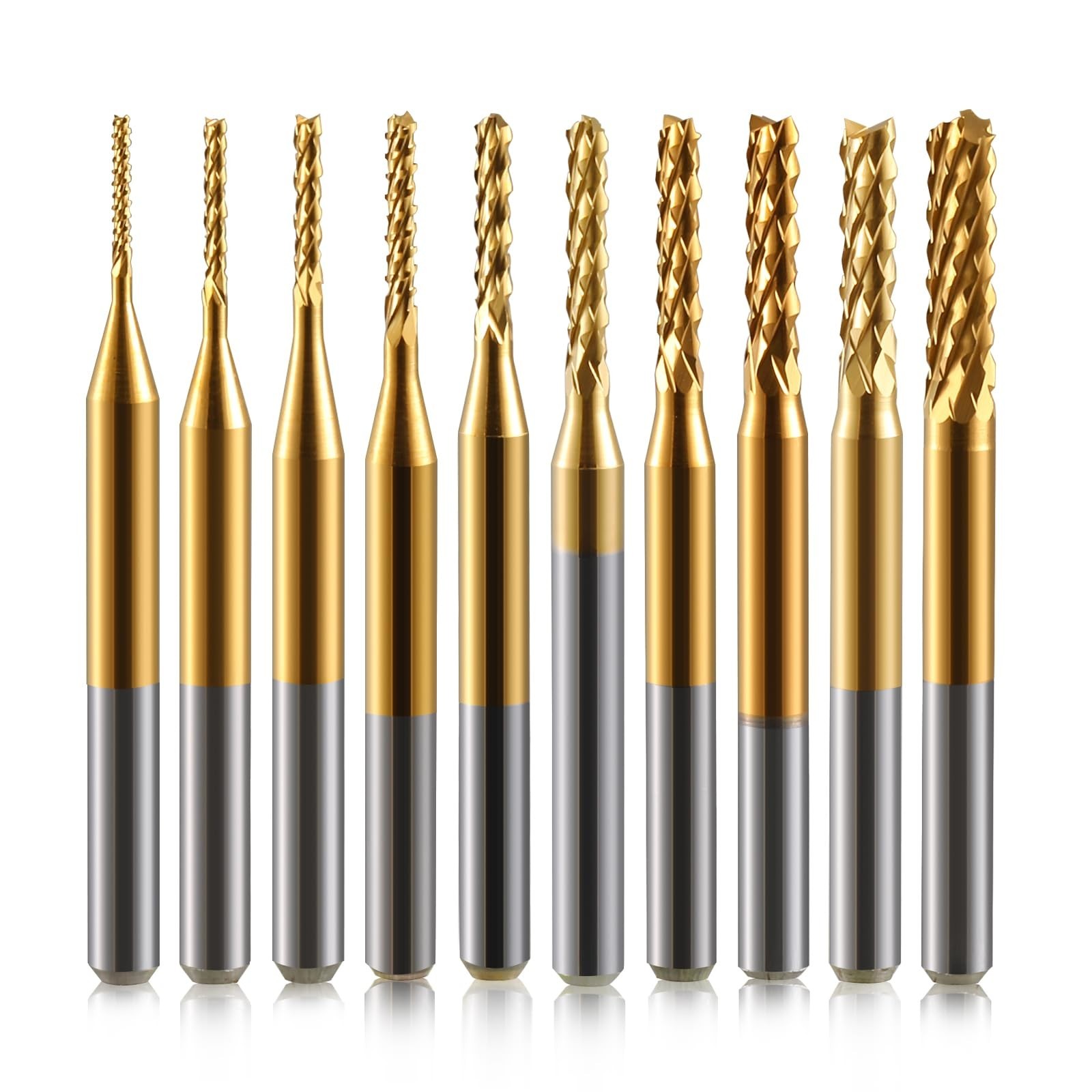 End Mill Sets,10Pcs Titanium Coat Ending Mill,1/8″ Shank 0.8-3mm Micro End Mi…