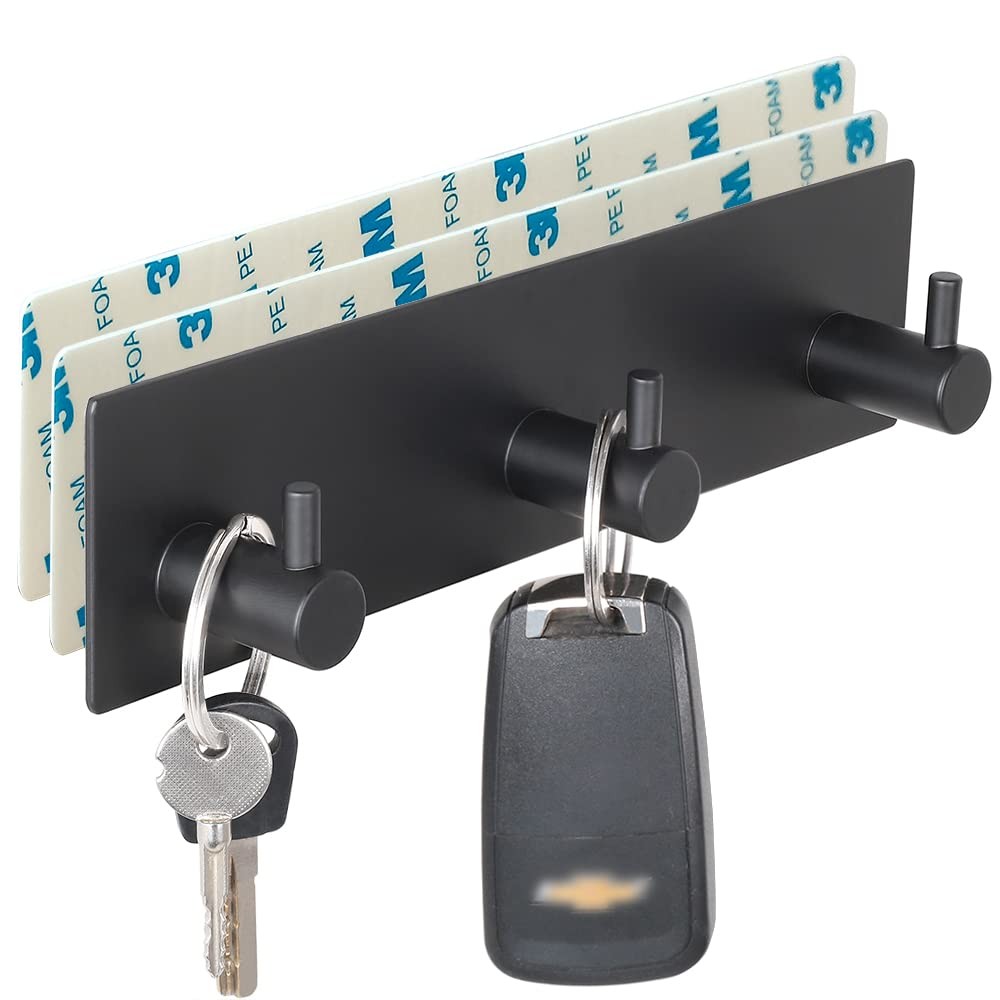 VIRFIN Key Holder for Wall with 2 Self-Adhesive Tapes, No 3 Hooks, Black