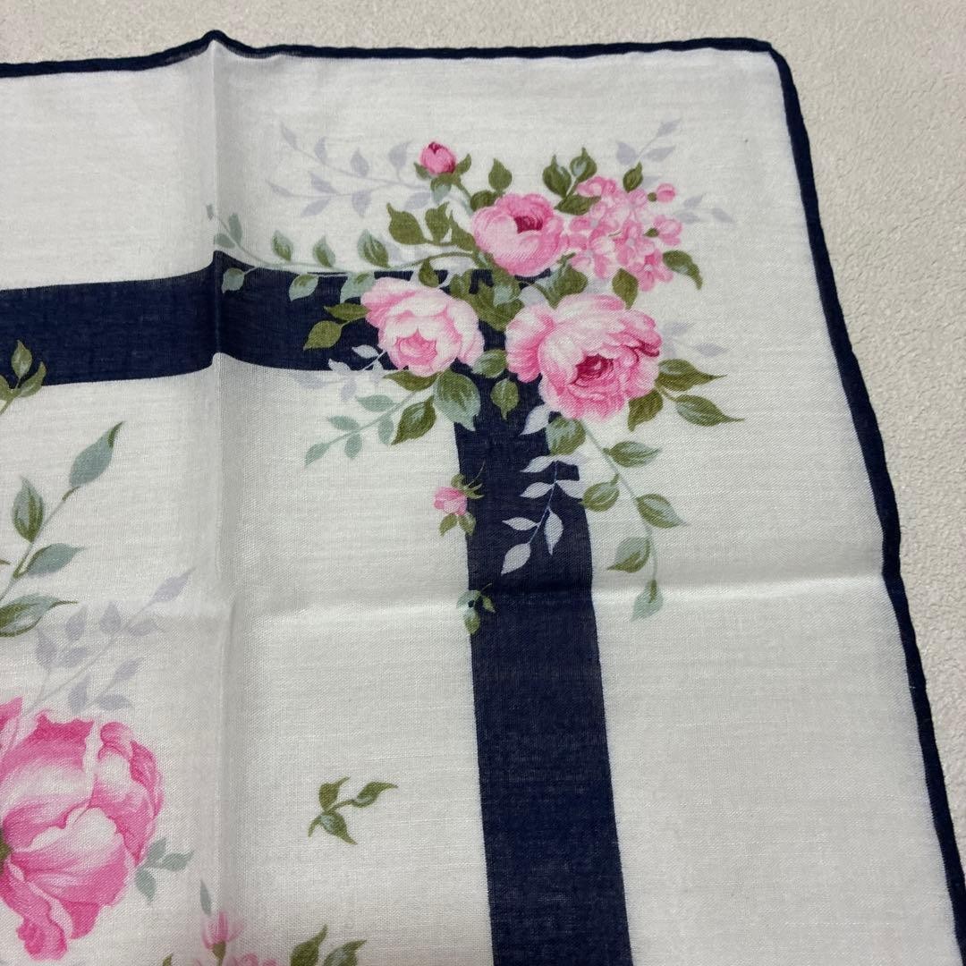 YVES SAINT LAURENT Handkerchief Floral Rose Pattern 51×51 White Pink Navy Used