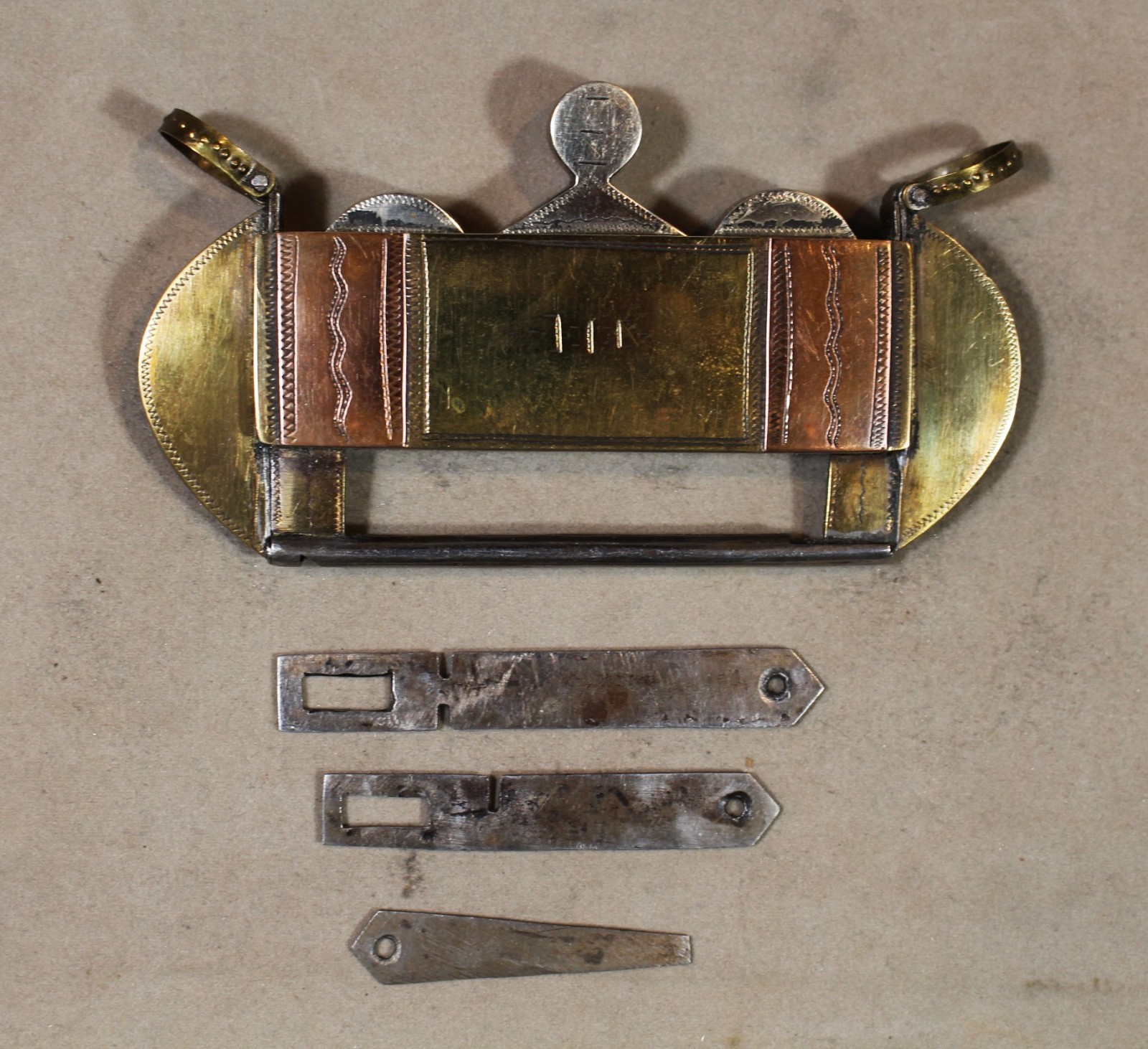 Vintage Taureg Engraved Brass, Copper & Silver Lock with Keys from Niger or Mali