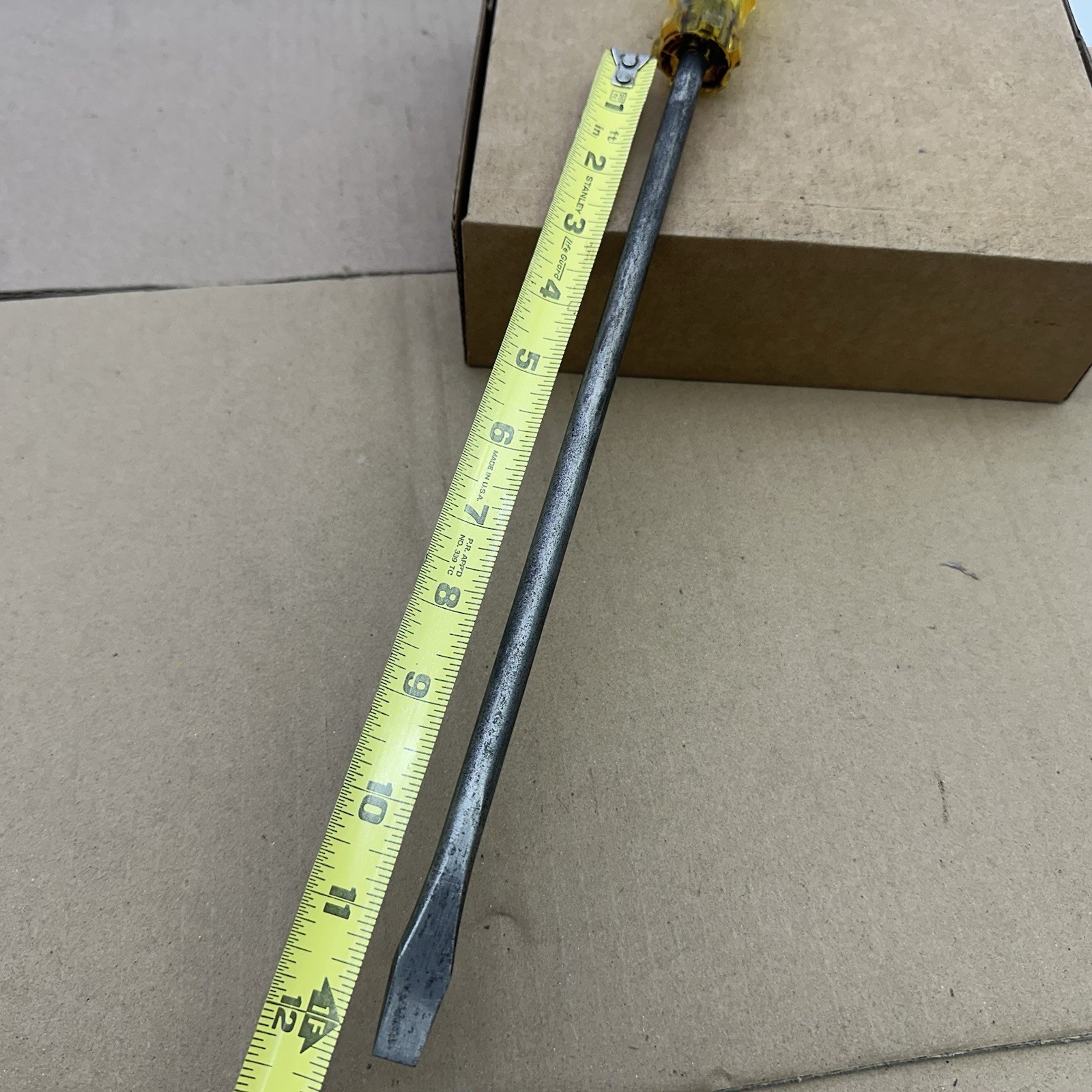 Vintage United USA Flat Slotted Screwdriver Yellow Handle 12” Shaft 17.5” OAL