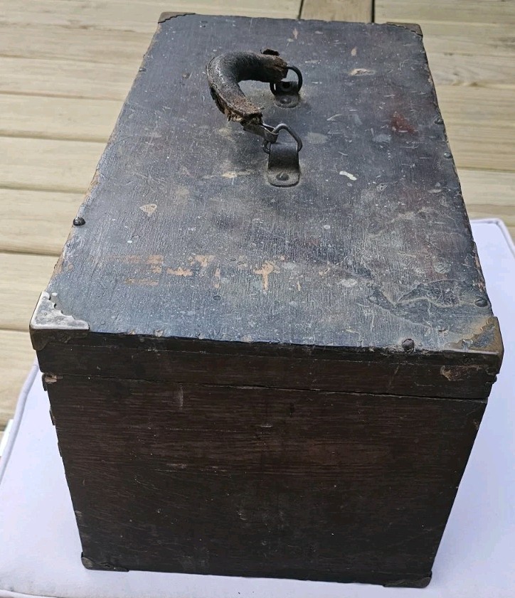 Antique Wood Carpenter Tool Box Oak Chest Vintage With Tray Leather Handle