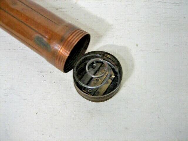 USALITE copper flashlight 14 1/4″ with belt clip and bulb, vintage