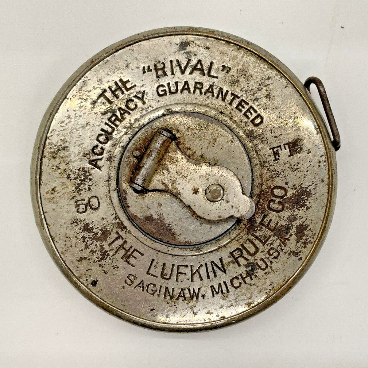 LUFKIN RULE CO. “THE RIVAL” 50′ Metal Tape Measure Saginaw MICH Pat. 1906, 1917