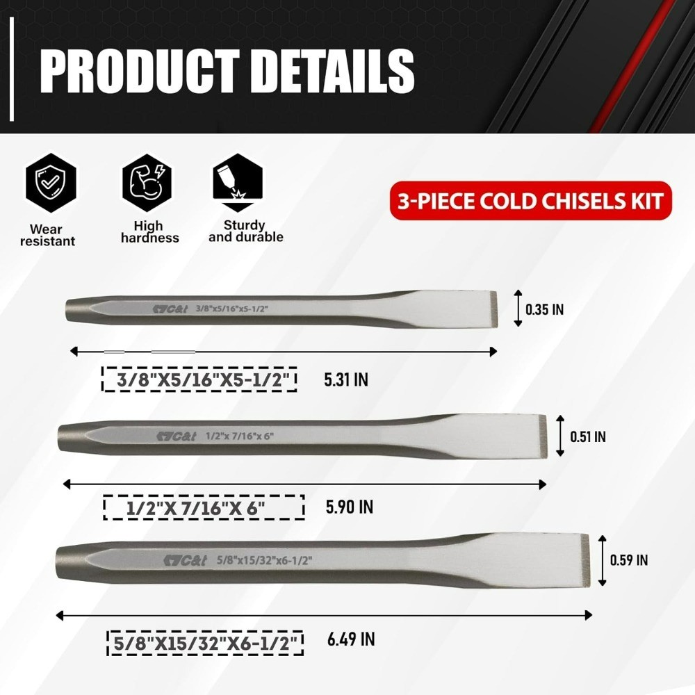 Heavy Duty Cold Chisel Set 3-Piece All Purpose for Metal Wood Masonry 3/8 1/2