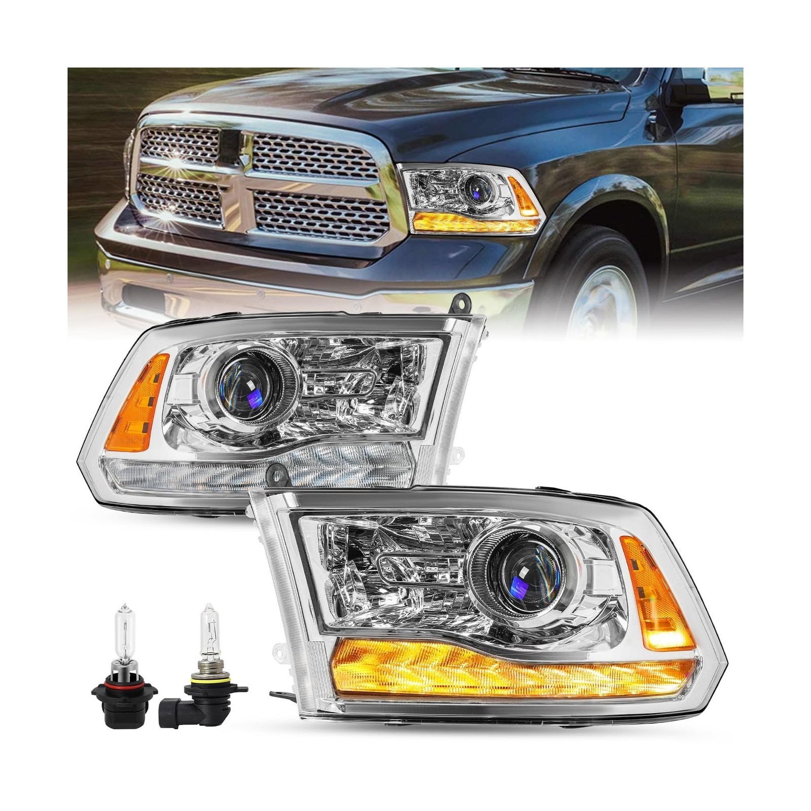 Factory Projector Headlight Assembly Pair Replacement for 13-18 Dodge Ram 150…