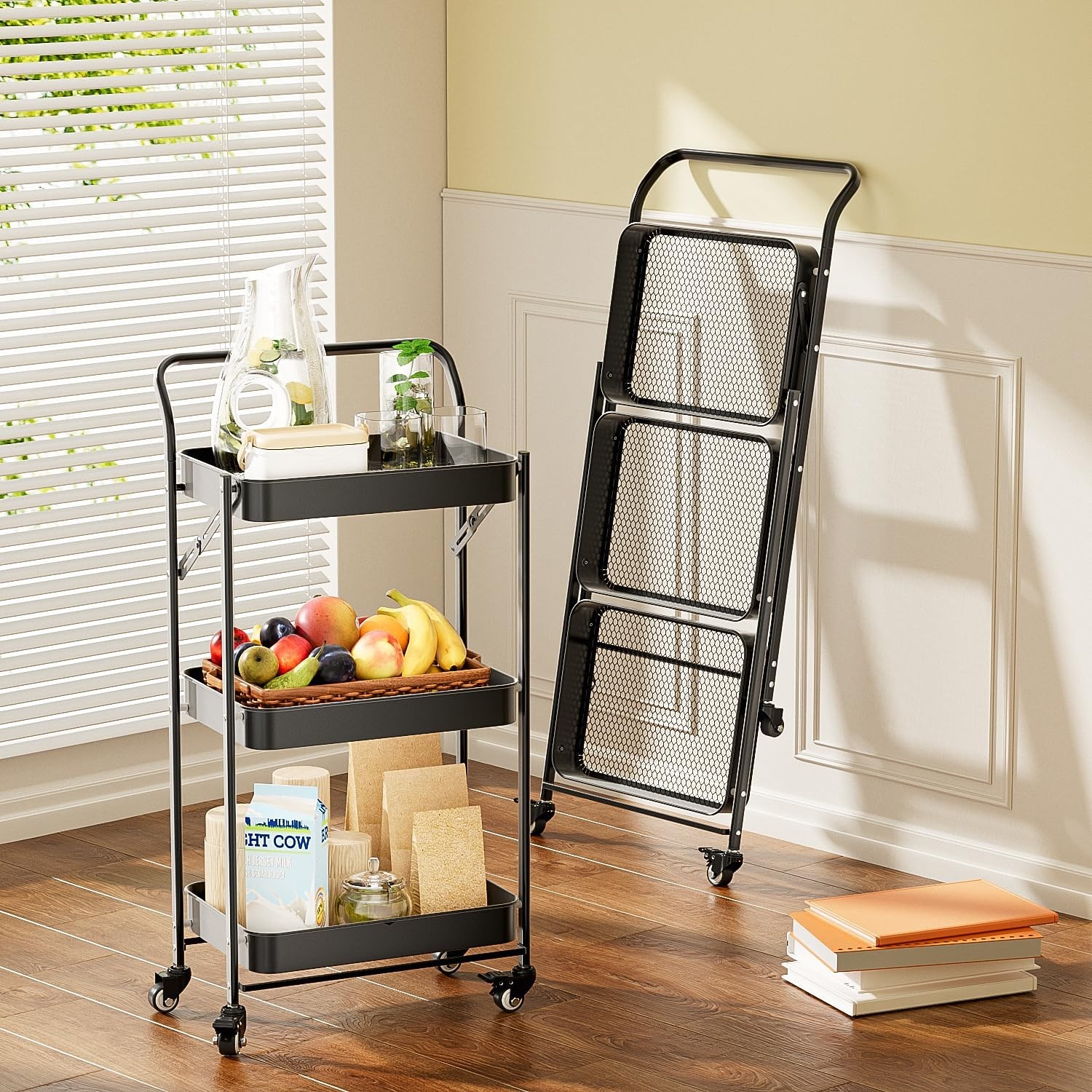 JAQ No Assembly Foldable Rolling Cart, 3 Tier Black Metal Folding Utility Car…
