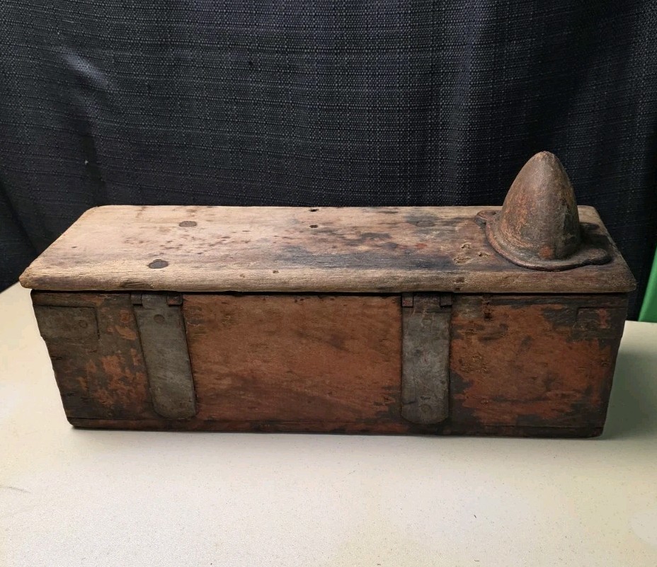 Antique Primitive Wood & Metal Farm Tractor Tool Box Oil Can Anti Tip Cone