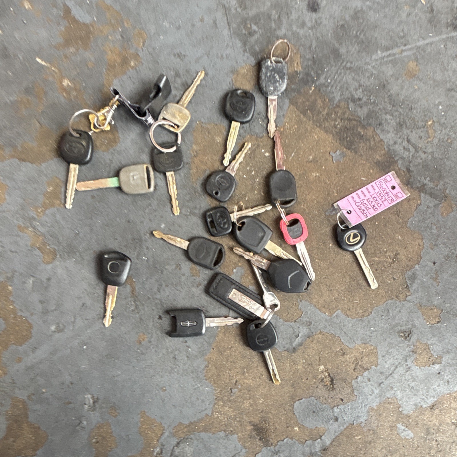15key Assorted Vehicle Keys Lot w/ Key Fobs, Key Rings, Plastic Heads & Key Tags