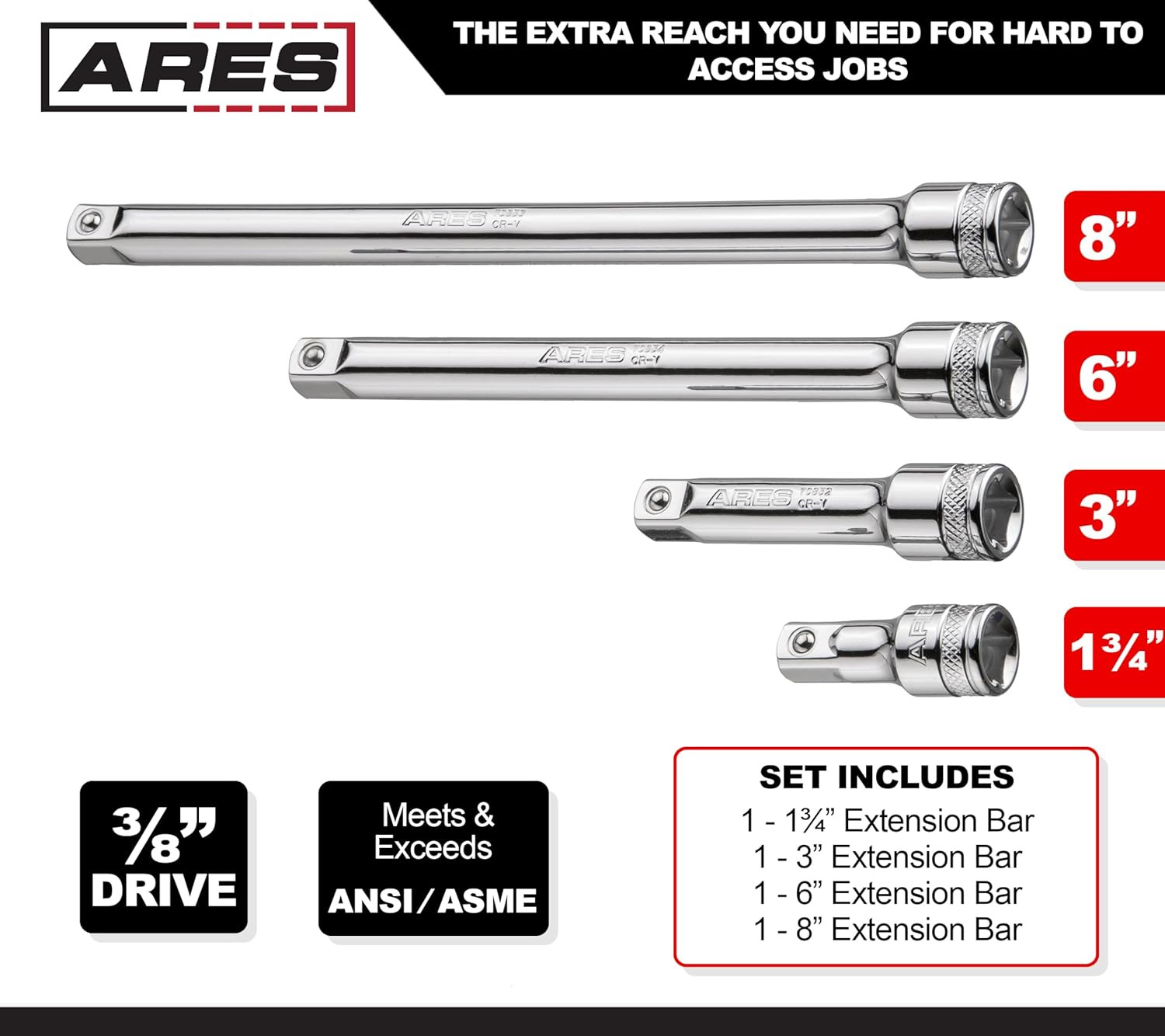 ARES 70244 4-Pc 3/8-In Drive Socket Extension Set – 1-3/4 to 8-In | Premium Chro