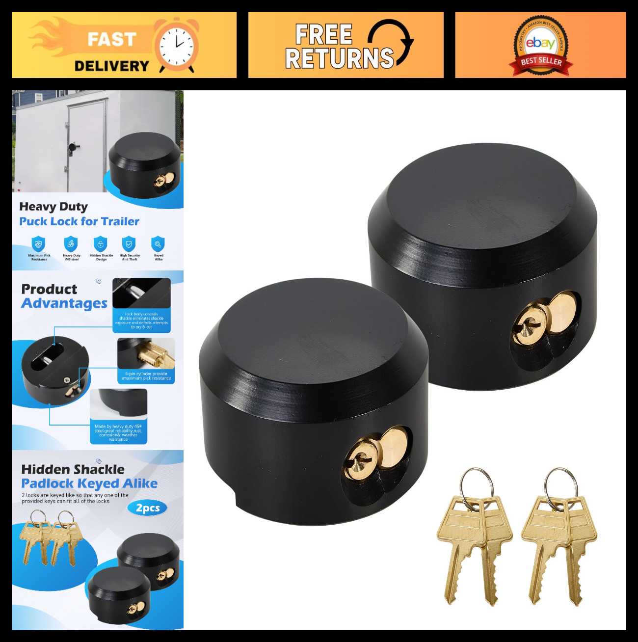 2 Pack Heavy Duty Trailer Door Locks – Keyed Alike Reinforced Puck Padlocks w/4
