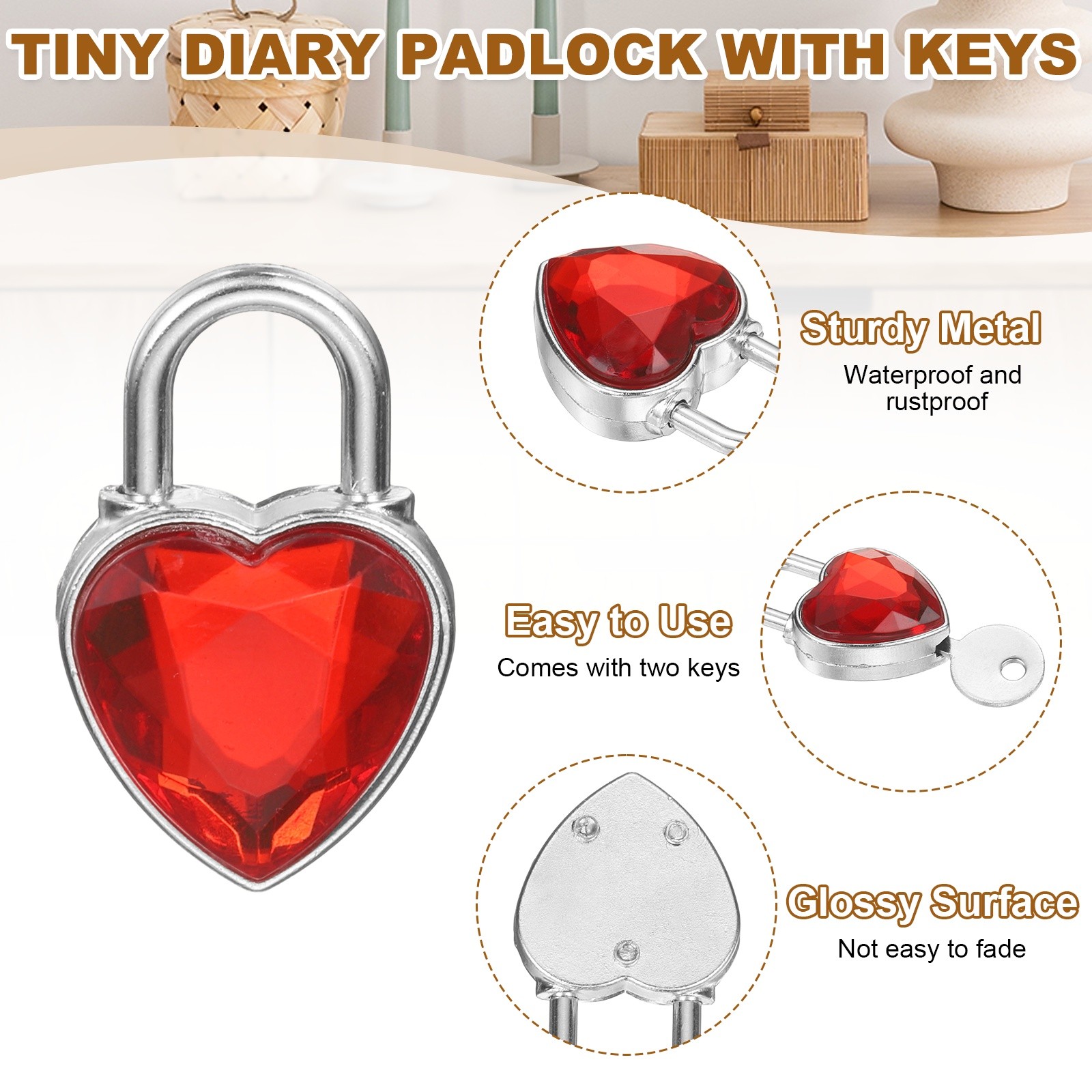 10Pcs Mini Diary Padlock, Small Heart Shaped Lock with 2 Keys Dark Red