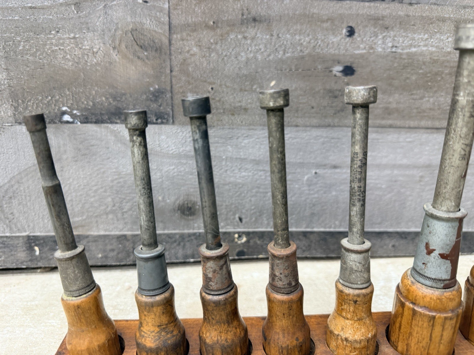 1940 Antique Wood Nut Driver Tool Set Walden Worcester SPINTITES Counter Display