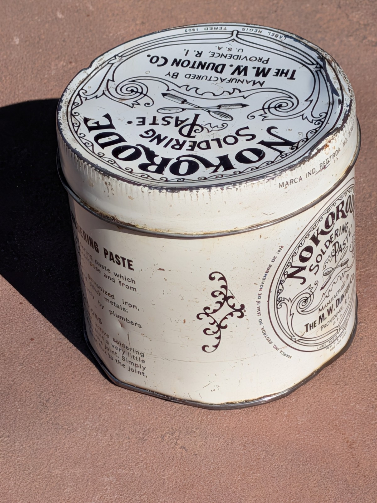 Nokorode Soldering Paste Tin 3” wide x 3 1/2″” tall 1926 Patent $8.50