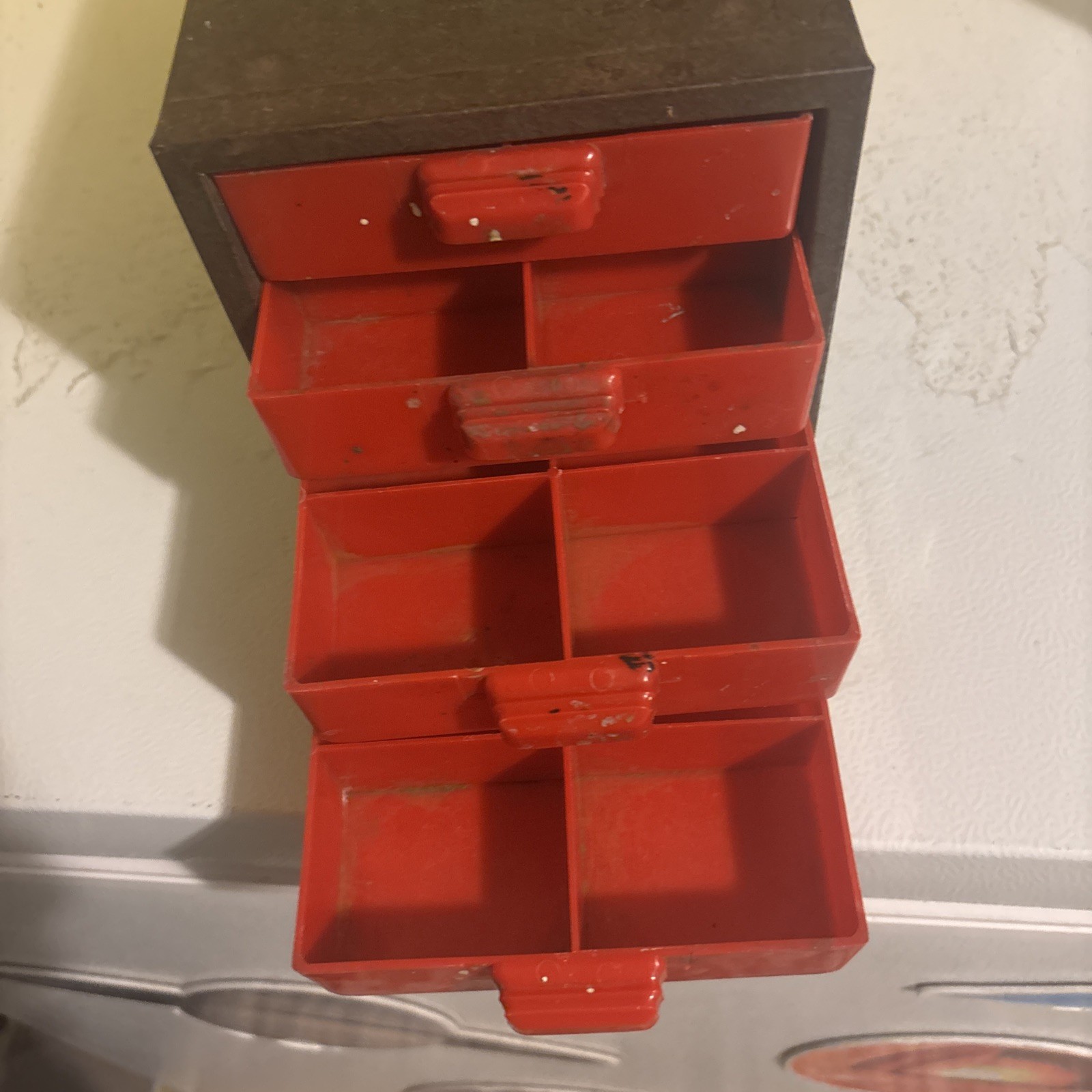 Vintage Dunlap Four Drawer Organizer Steel Cabinet Red Plastic Drawers