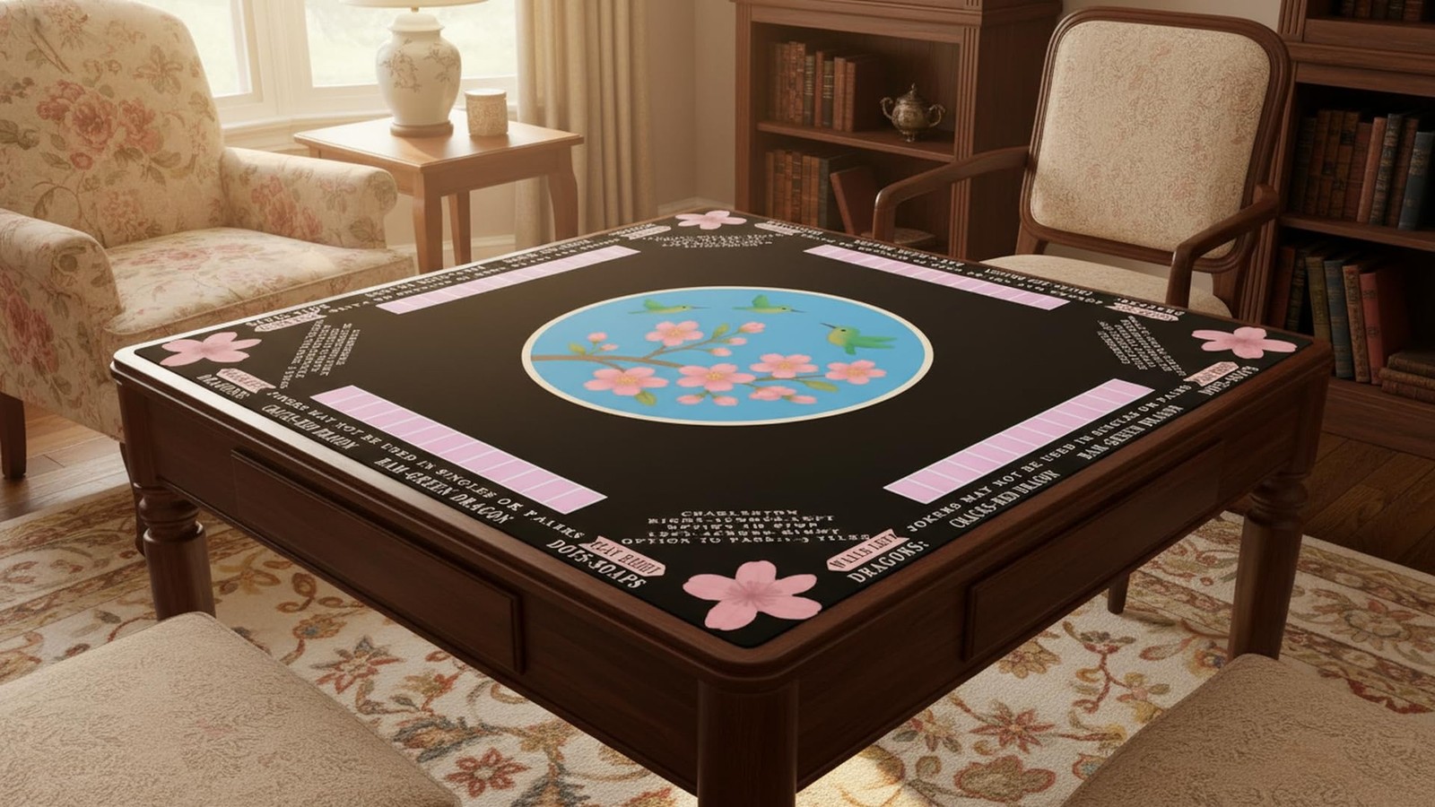 American Mahjong Mat with Rules Printed (33×33, 2.5mm Thick, Hummingbird Blac…