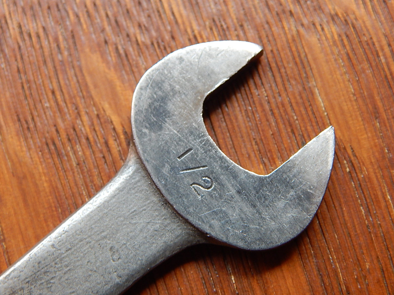 Antique Early Embossed Blue Point 1/2 + 7/16 Inch No T 1614 Thin Open End Wrench