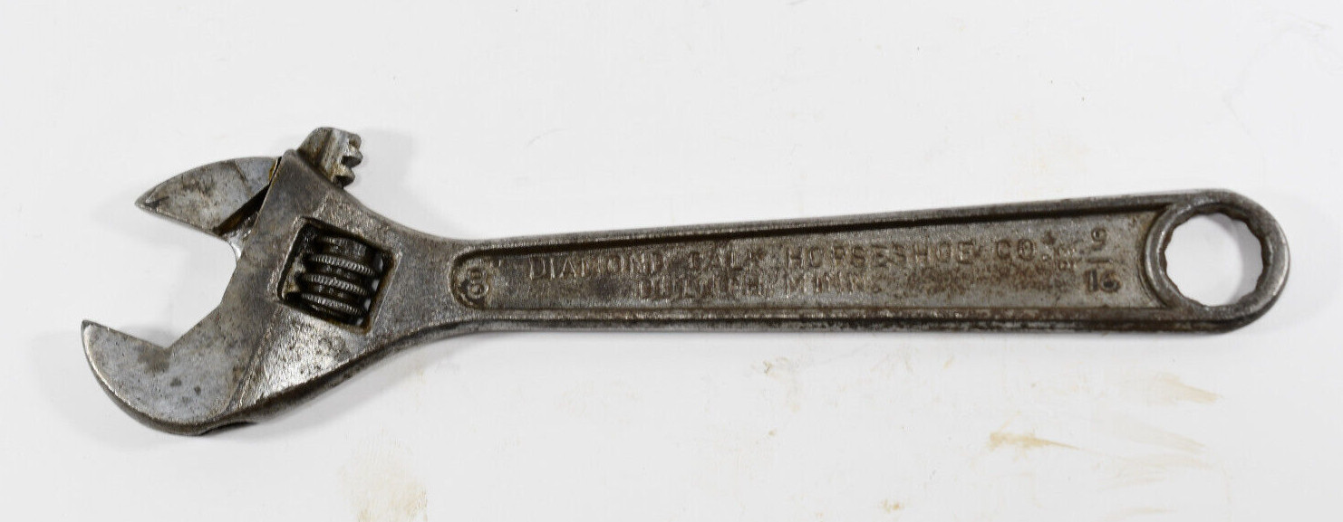 Vintage DIAMOND CALK & HORSESHOE 8” Adjustable Wrench, 9/16 box end USA M1428