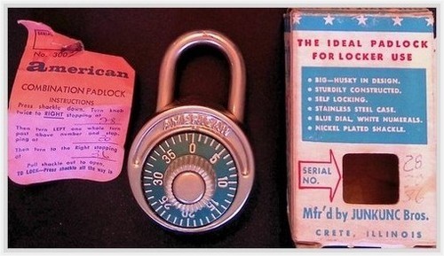 Junkunc Bros. No. 300 Padlock Blue Dial Combo Lock Box & Tag 1960s Steel Lock
