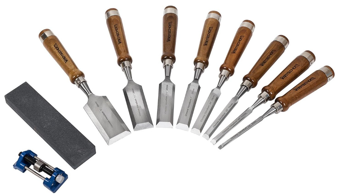 Juego de 10 Formones para Madera CR-V con Caja de Madera para Carpintería, Nuevo
