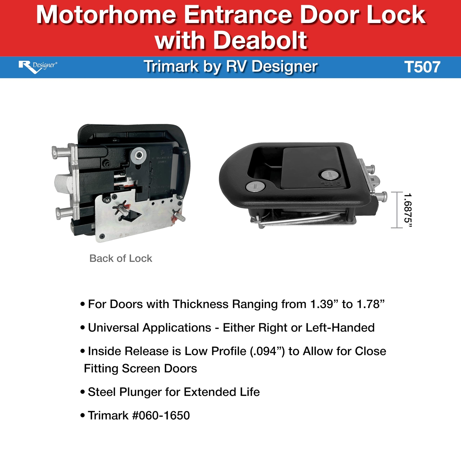 RV Designer T507 Motorhome Entrance Door Lock with Built-in Deadbolt for TriM…