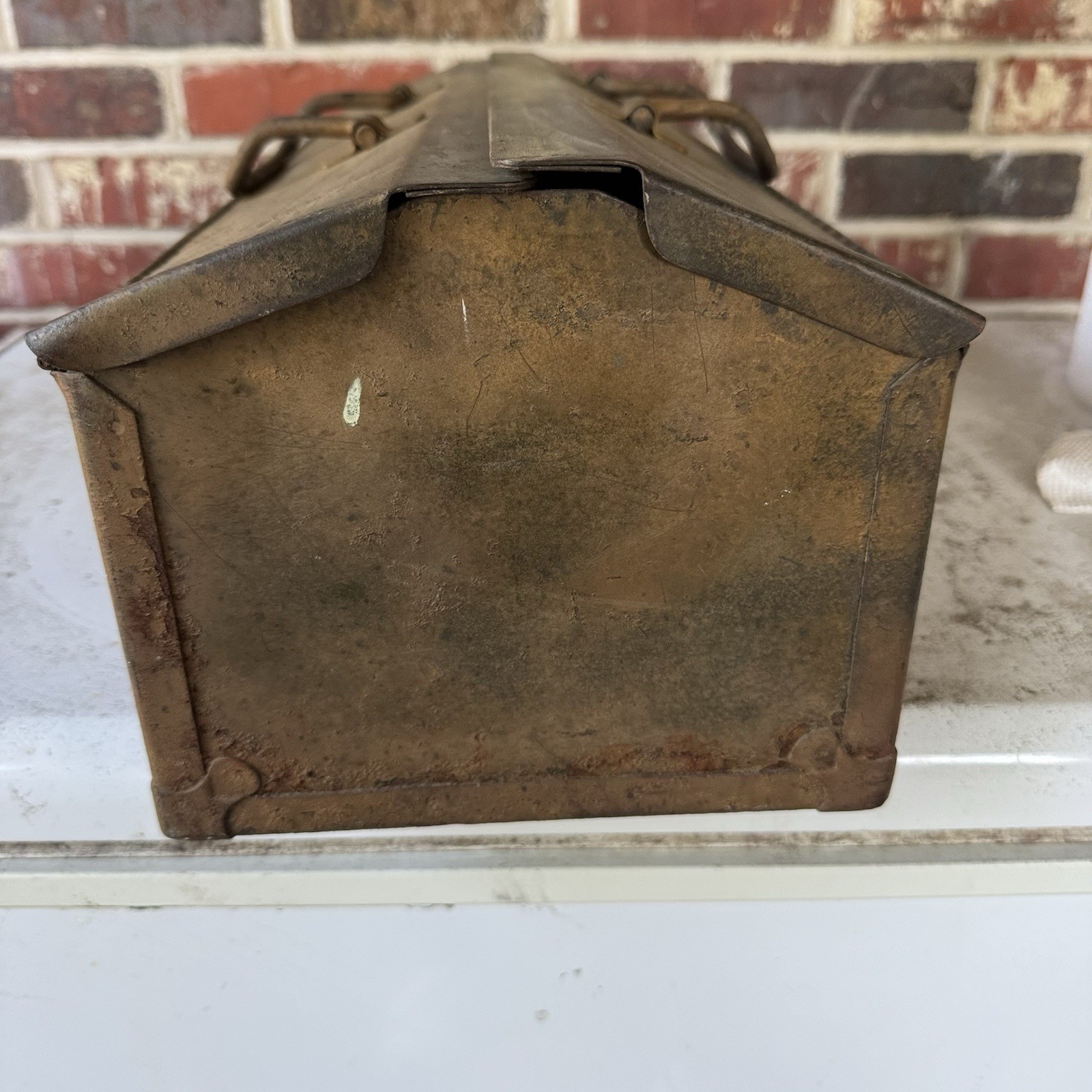 Vintage Metal Tool Box Hip Roof Heavy Duty Steel Utility Tote Case Patina