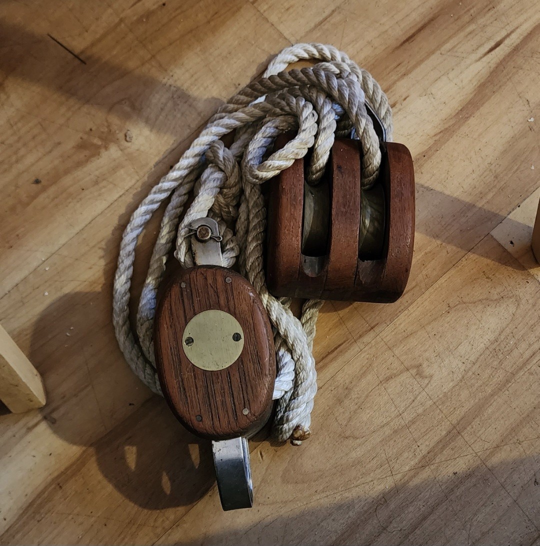 Vtg Nautical Double Block/ Tackle Pulley Hook Metal Brass Wood Rope New Photos