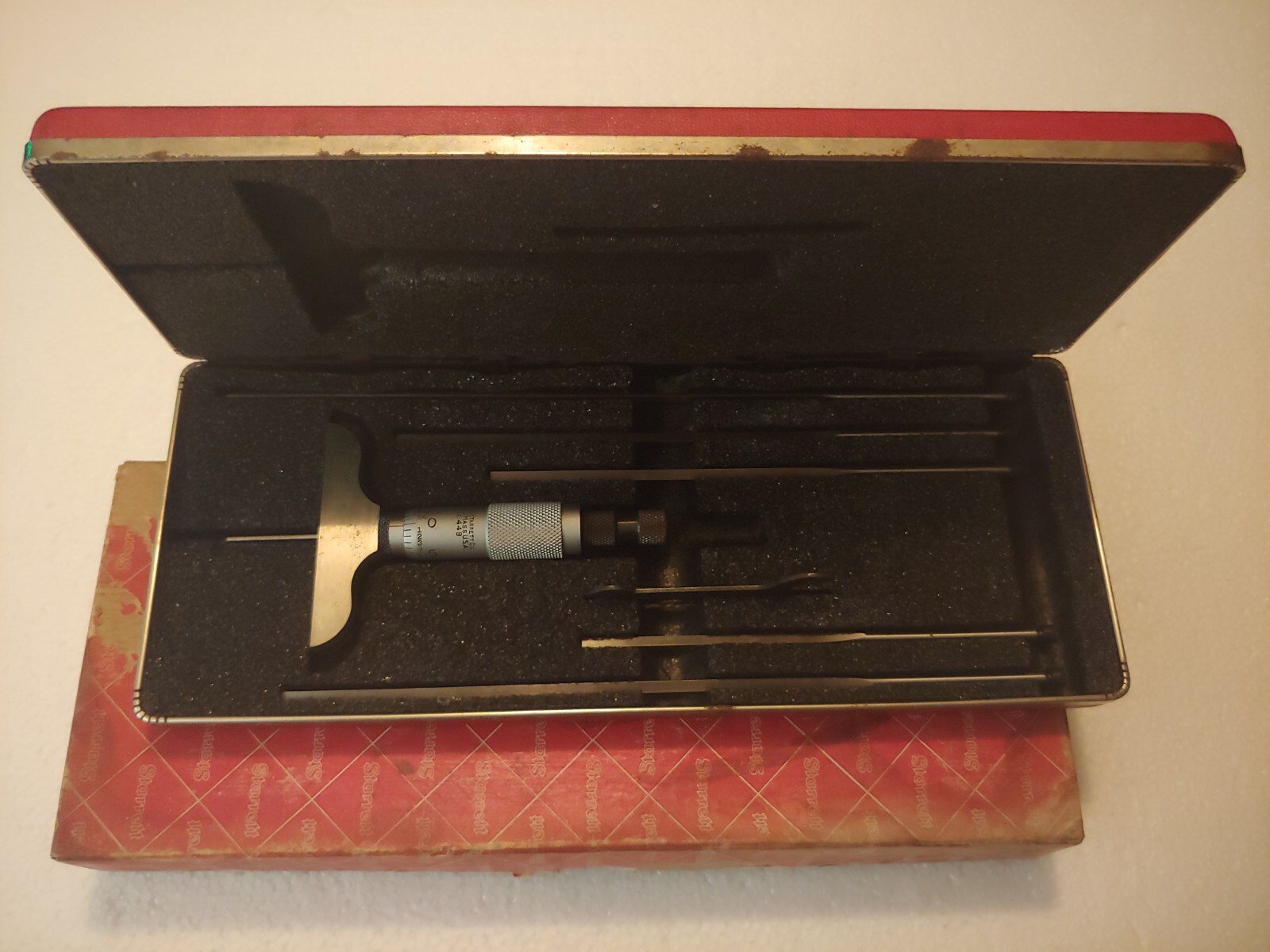 Vintage used Starrett No. 449 Depth Micrometer Set in Case with Box and papers