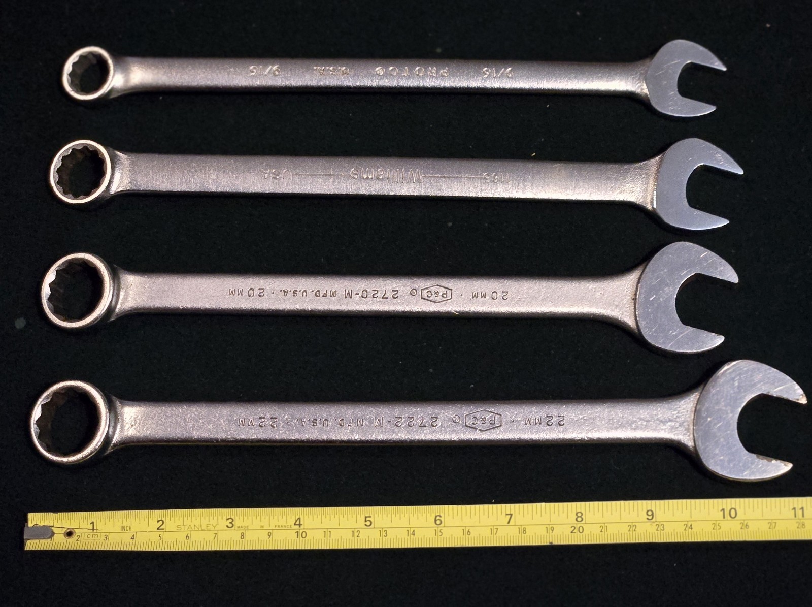 4 USA Combination 12Pt. Wrenchs 2 P&C 20 & 22mm, Williams 11/16 & Proto 9/16