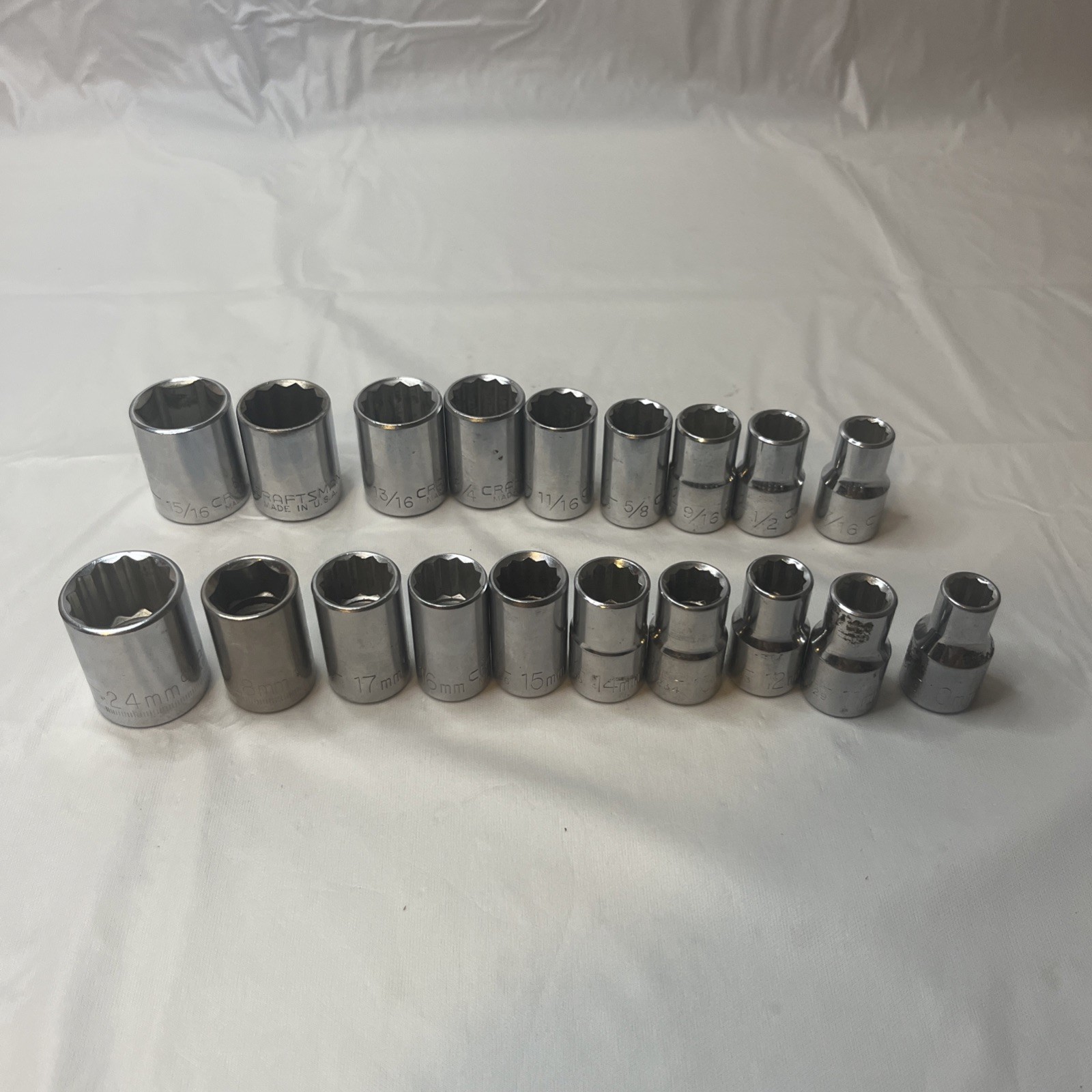 Lot of 19, 1/2″ Craftsman Sockets Various Sizes Made in USA Vintage